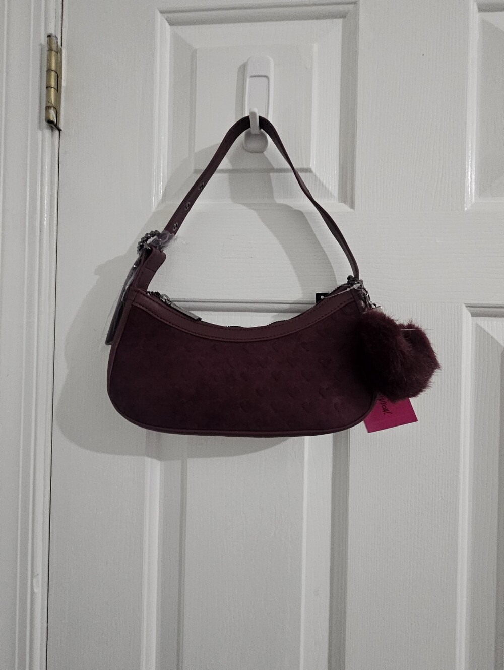 Betsey Johnson Burgundy Embossed Shoulder Bag Pom Pom Charm NWT